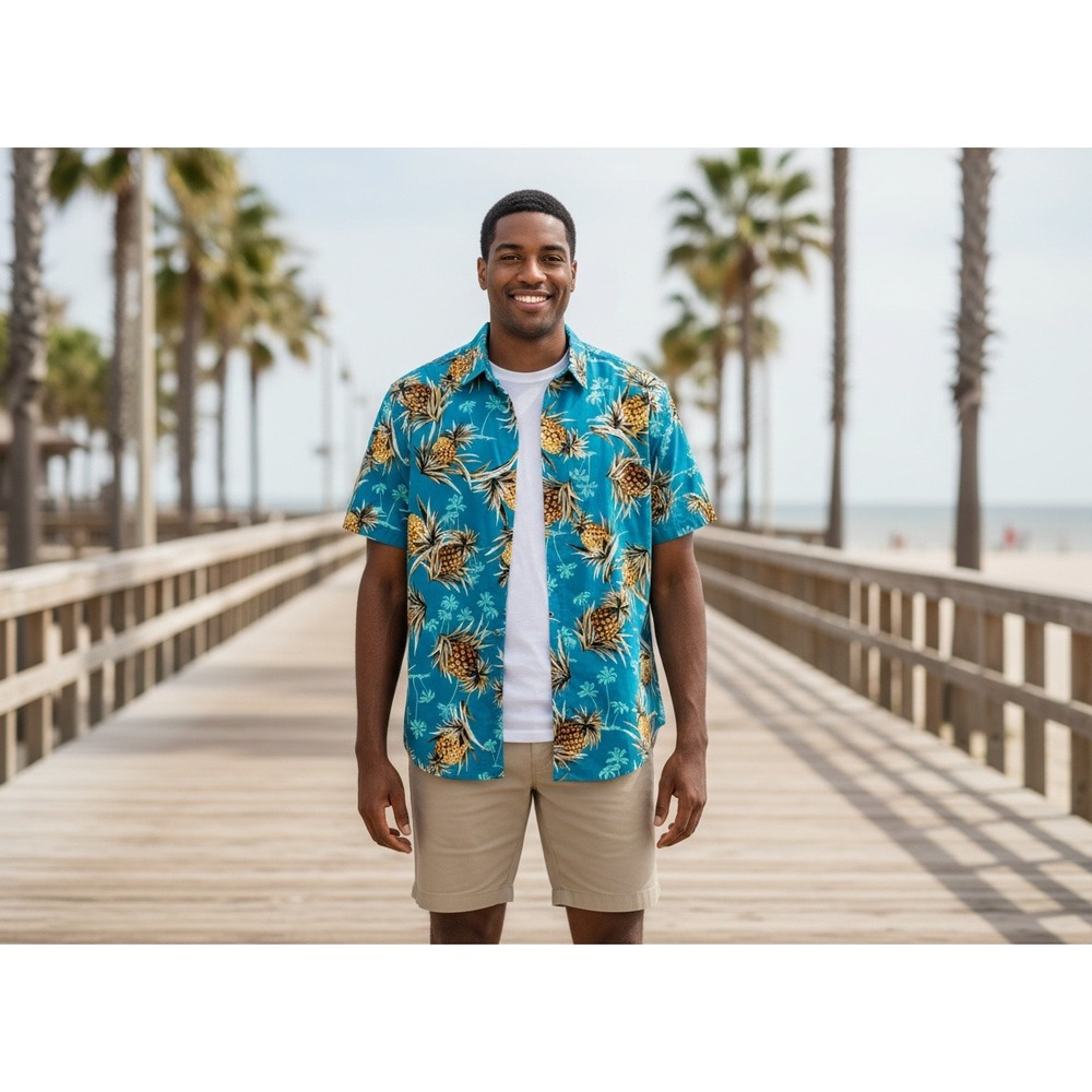 Old Navy Mens XL Slim Fit Pineapple Tropical Blue Button Down Shirt